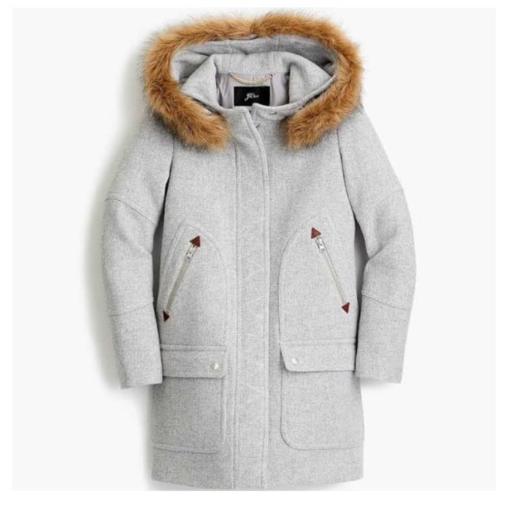 J. Crew Light Gray Wool Hooded Coat with Brown Faux-Fur Trim